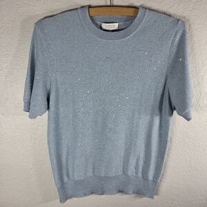 Kinross Cashmere Shimer Sweater Top Short Sleeve Light Blue Size M Crew Neck